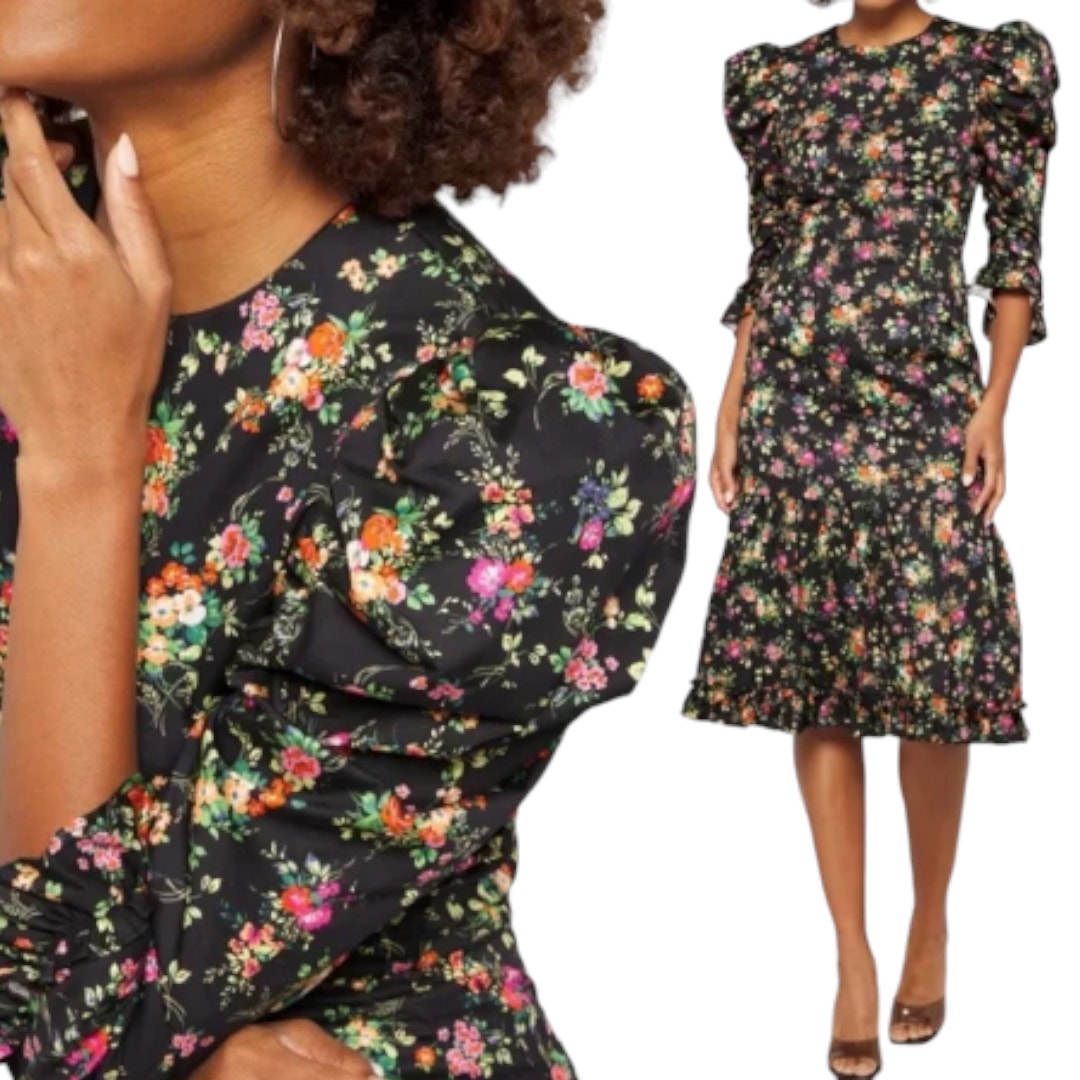 Black Halo New Nadir Puff Long Sleeve Floral Ruffle Dress Garden Glow Black 10
